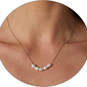 Women 14K Gold Plated Chunky Half Pearl Half Chain Toggle Necklace Minimalist